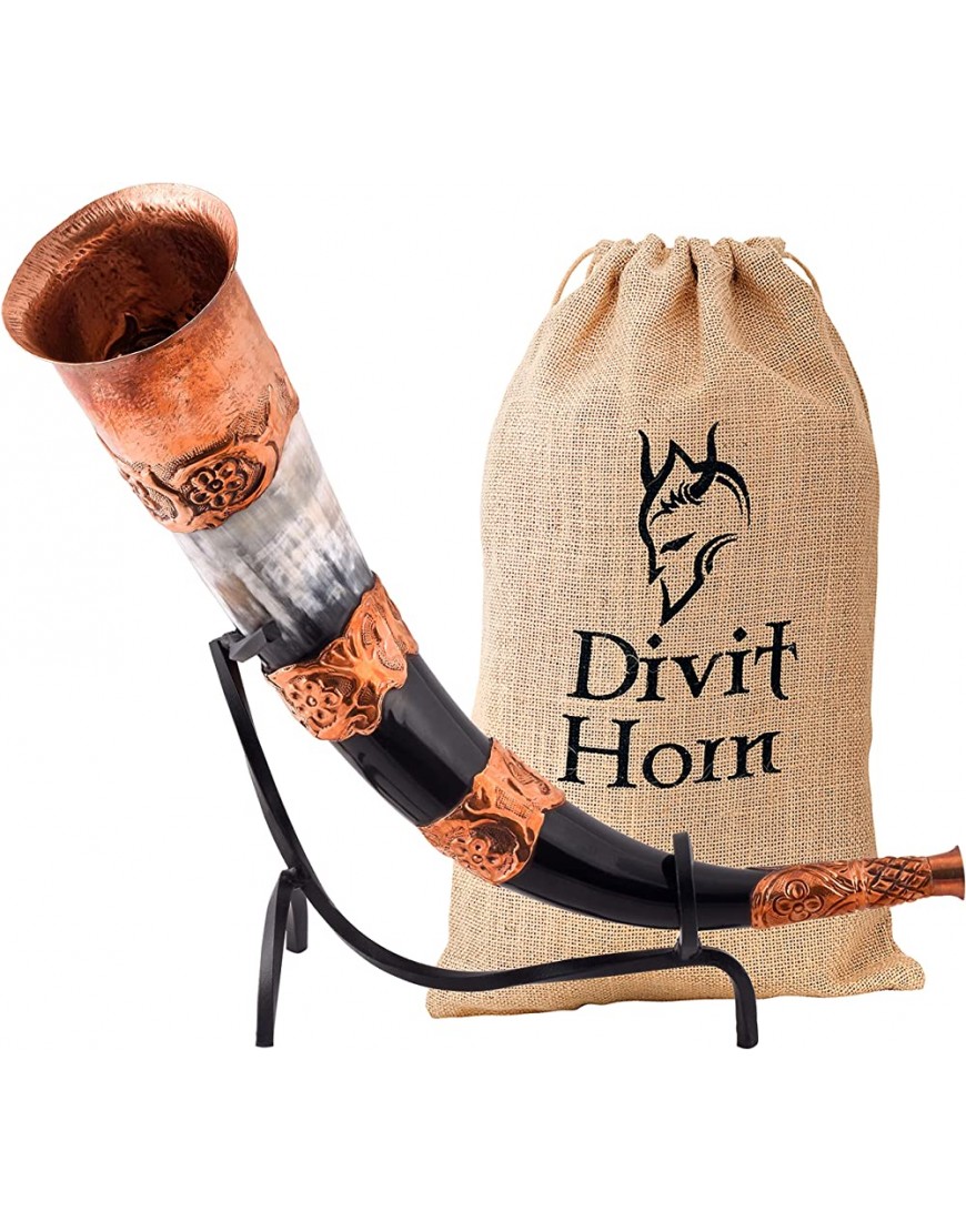 Corne à boire Viking avec support en fer véritable Divit | Corne à boire de la bière médiévale authentique | Décorations en laiton et pochette cadeau en lin incluses. Copper Polished - BWDDBVYPG