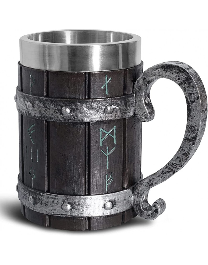 Tasse à bière médiévale nordique Viking en bois de chêne avec doublure en acier inoxydable tasse à café nordique Viking Runes pour homme et cadeau de fête des pères 550 ml - BVB1WVJDV