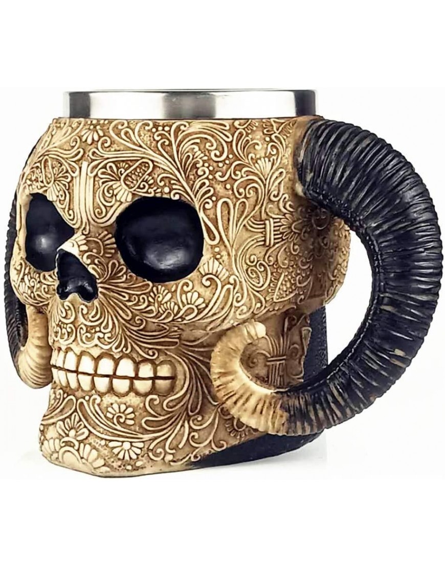 Viking Tasse à café en forme de tête de mort double corne de bélier médiévale en acier inoxydable motif tête de mort chope de bière jucie amants de la mythologie nordique Odin Thor Loki 540 ml - BDM99AYBM