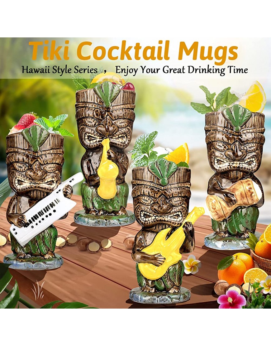 [Coffret cadeau] Lot de 4 verres Tiki pour cocktails tasses hawaïennes Tiki 370 ml en céramique pour fête tropicale Tiki Verre Bar Décor Vintage Musique Band Lunettes à boire Décorations - BJNH8YBLK