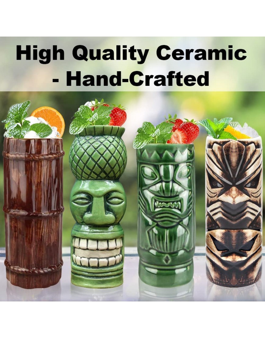 Lot de 4 verres Tiki Bar Accessoires – Tasses Tiki Grands gobelets en céramique pour cocktail hawaïen Luau Party Mugs en verre - BH4K1CLEL