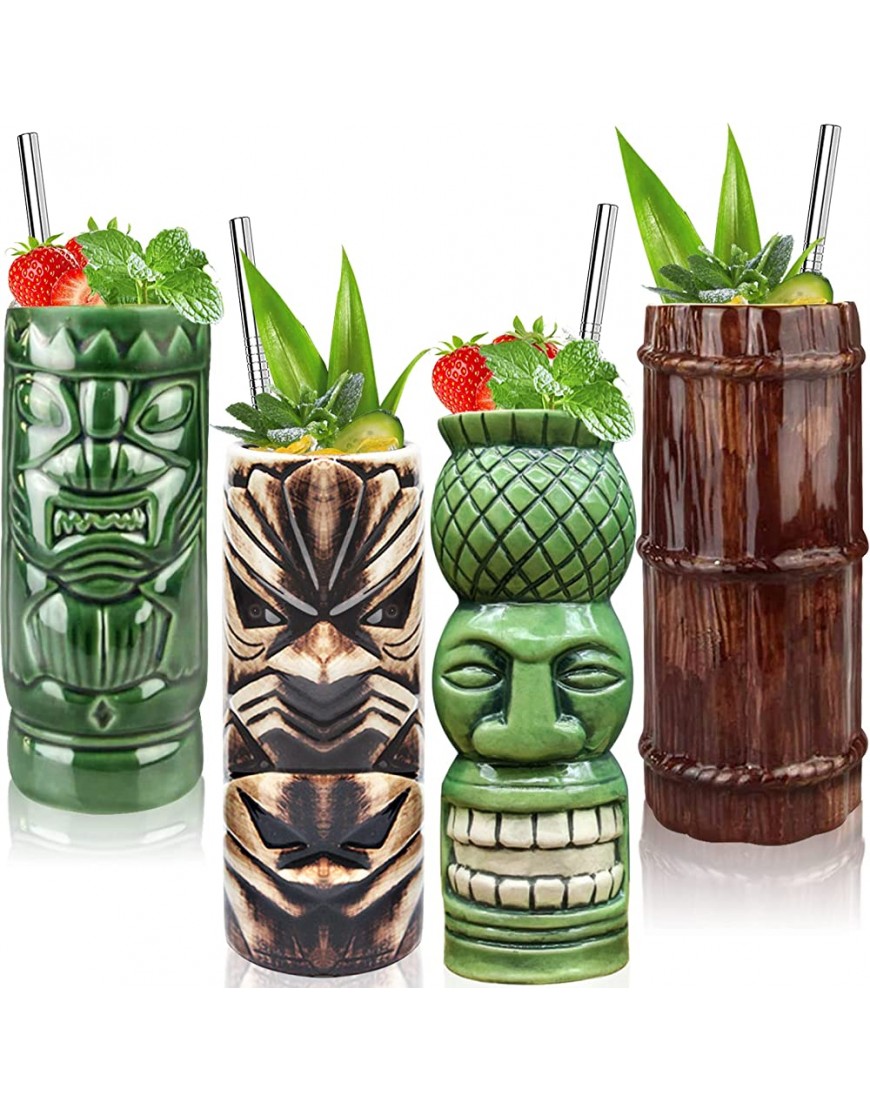 Lot de 4 verres Tiki Bar Accessoires – Tasses Tiki Grands gobelets en céramique pour cocktail hawaïen Luau Party Mugs en verre - BH4K1CLEL