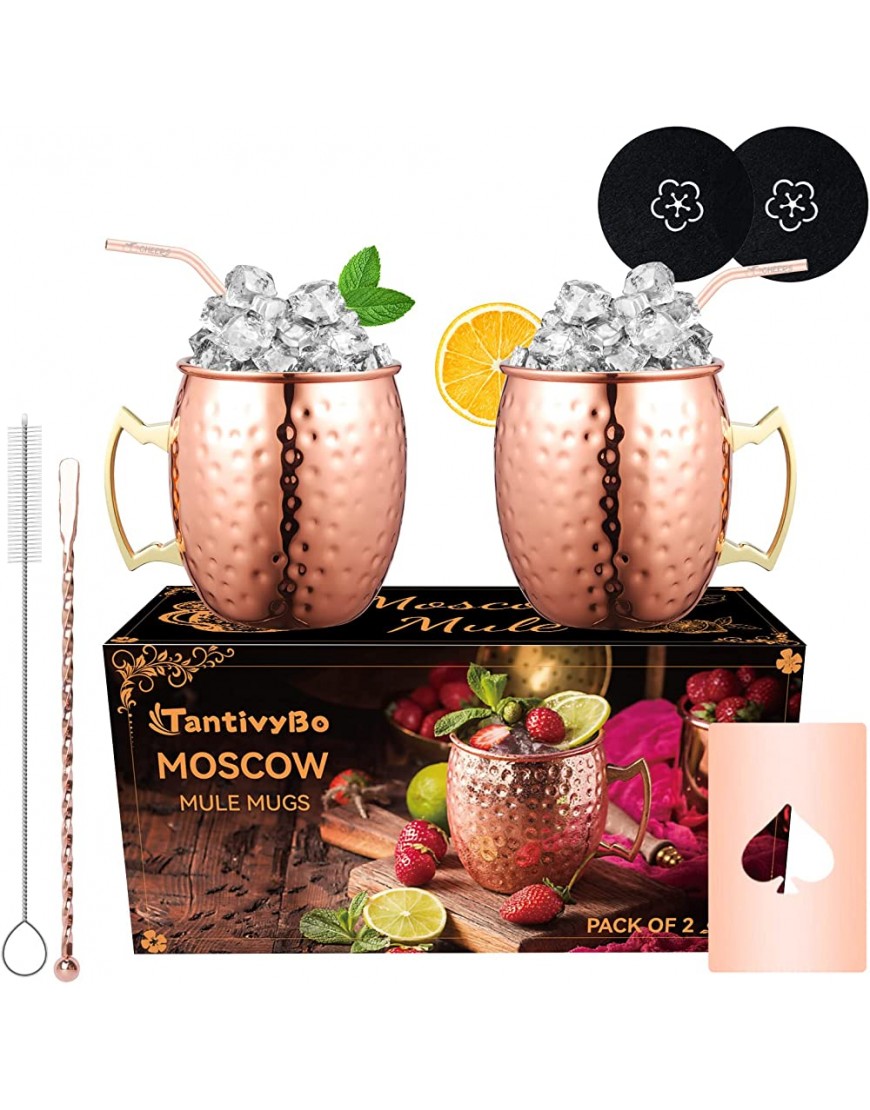 TantivyBo Moscow Mule Lot de 2 verres à cocktail en cuivre martelé 550 ml Coffret cadeau avec 2 dessous de verre 2 pailles parfait pour tous les cocktails - B5H9EMIQG