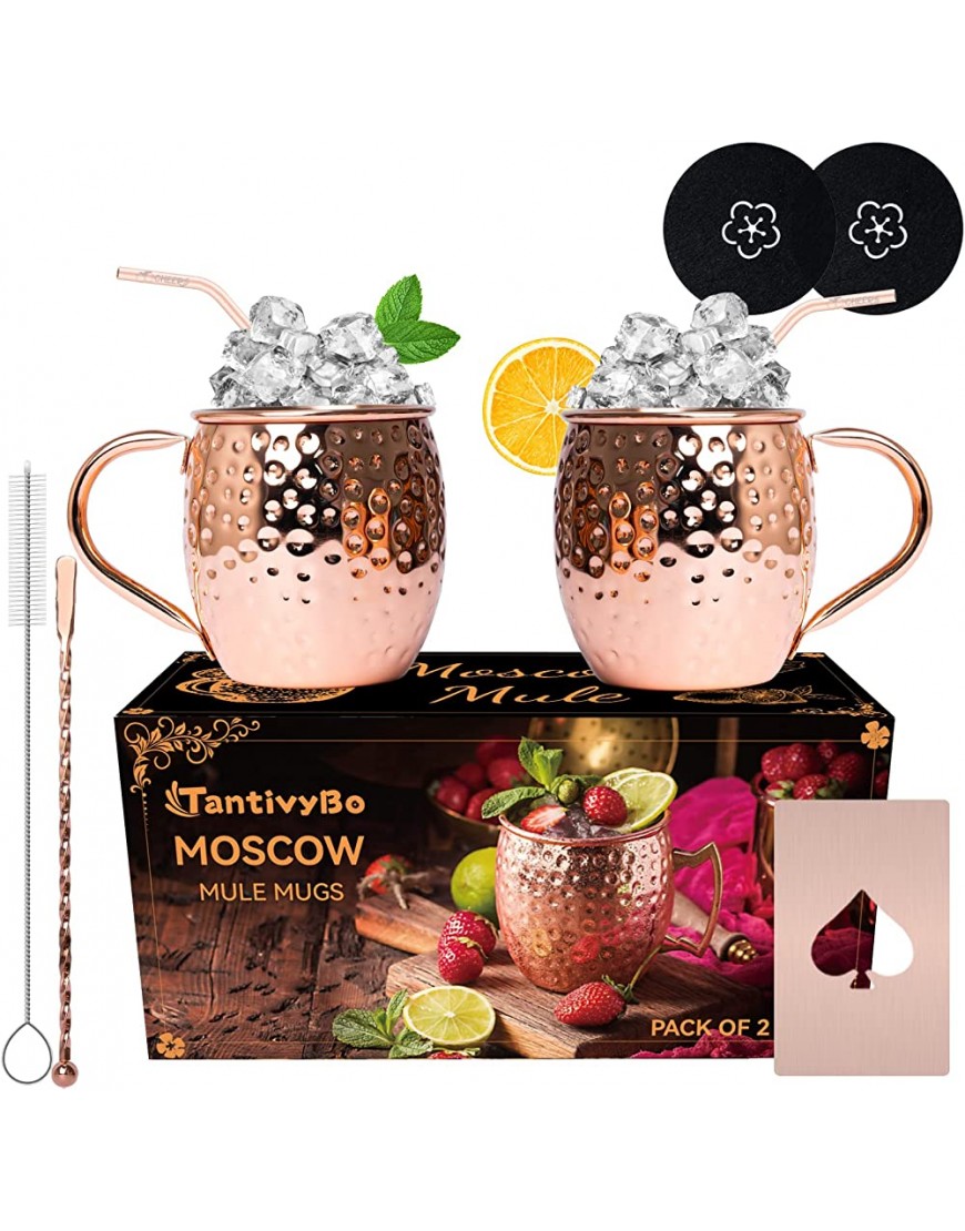 TantivyBo Moscow Mule Lot de 2 verres à cocktail en cuivre martelé 550 ml Coffret cadeau avec 2 dessous de verre 2 pailles Parfait pour tous les cocktails - B78VVHGOX