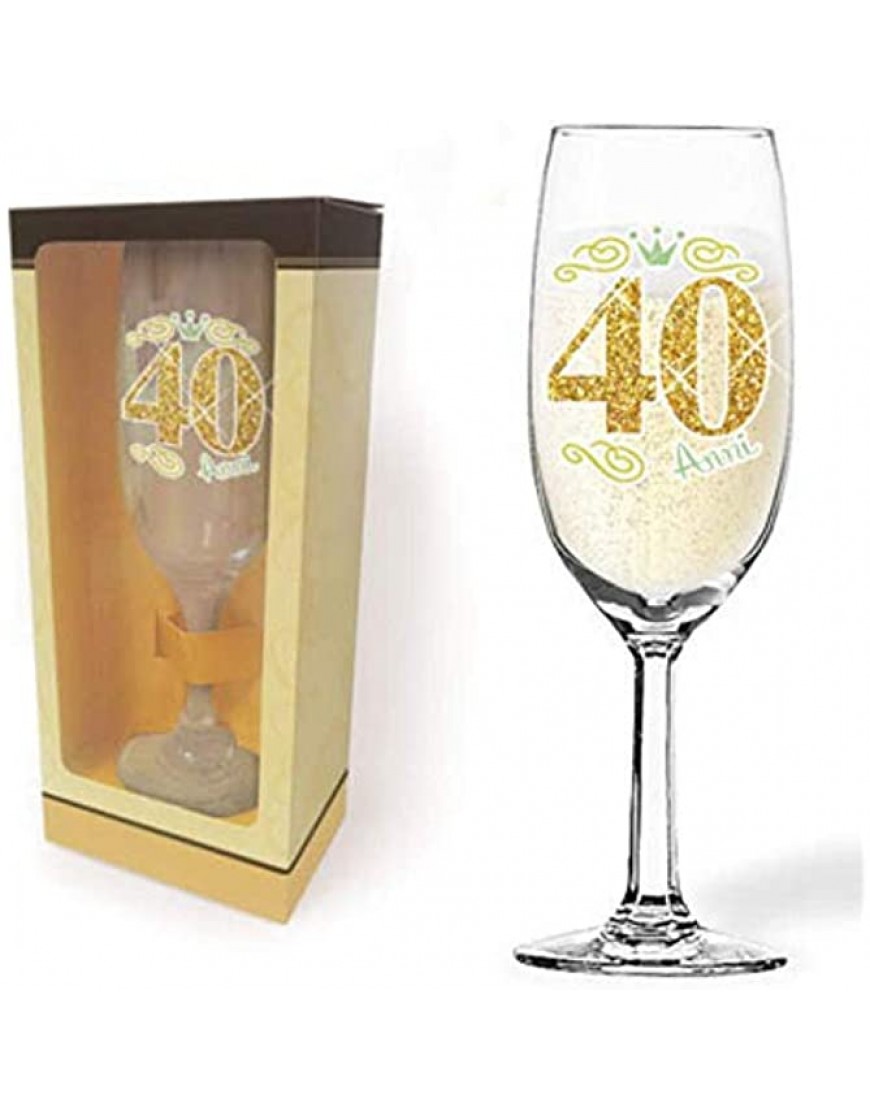 Partycolarità Flute Champagne 40 ans Glitter – Flute Brindisi en verre – Verre à champagne – Gadget fête d'anniversaire à quatre antennes - BQQKKMZQQ