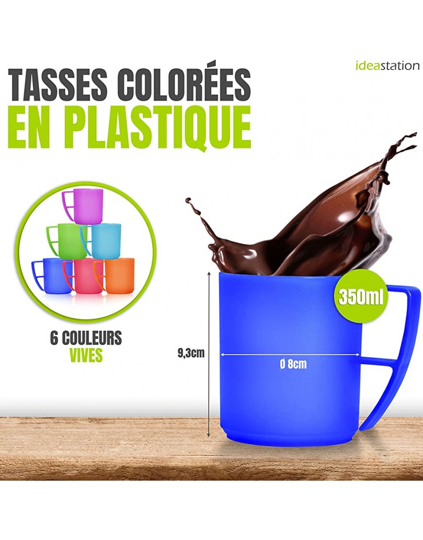 idea-station Neo Tasse Plastique 6 x 350 ML Couleur Tasse a Cafe Tasse Enfant Petit Dejeuner - BHK6ACULC