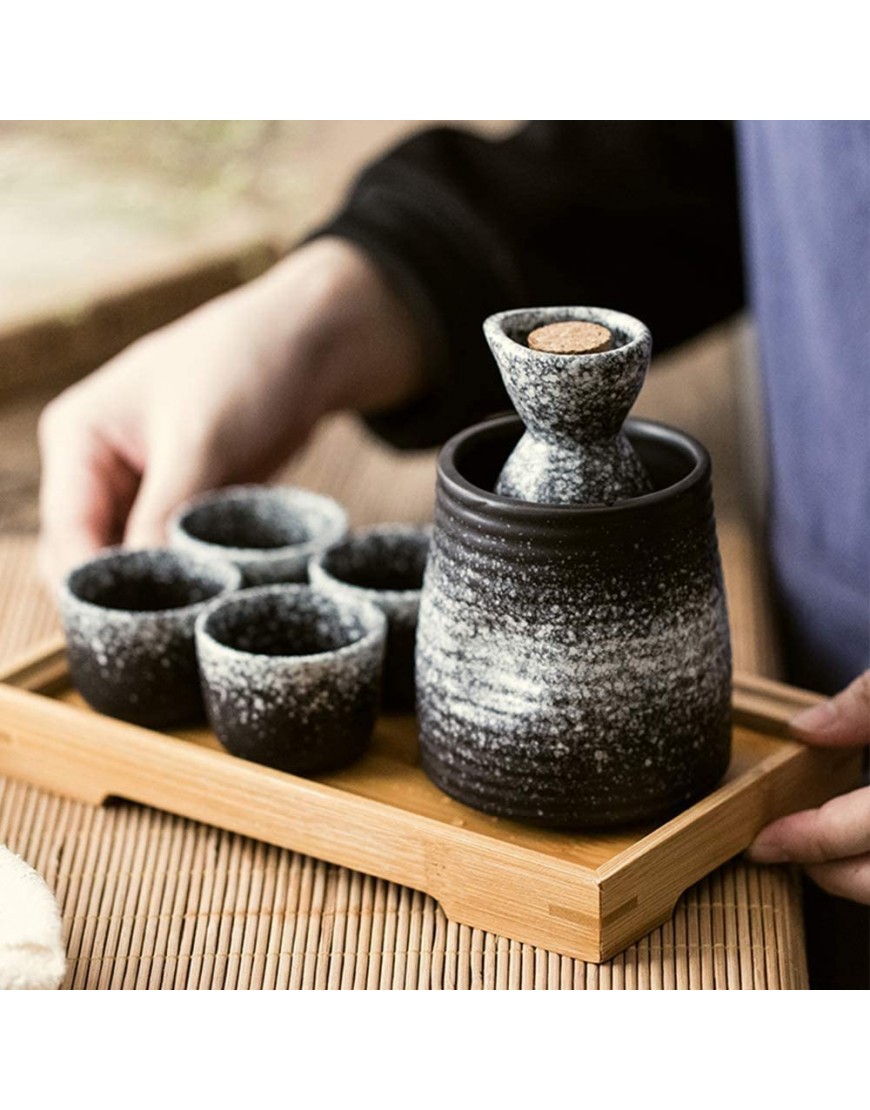 Ensemble de saké 6 pièces verres à vin à texture glaçure de flocon de neige noir avec plus chaud et bouchon tasses artisanales traditionnelles pour saké froid chaud chaud shochu - B1N42EDSD