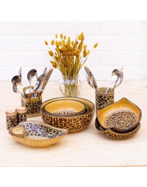 Kashikari Collection Ensemble de 7 pièces | Produits en céramique avec art floral géométrique | Ensemble de dîner de styles de poterie peinte à la main et émaillée - B8KBJUNFD