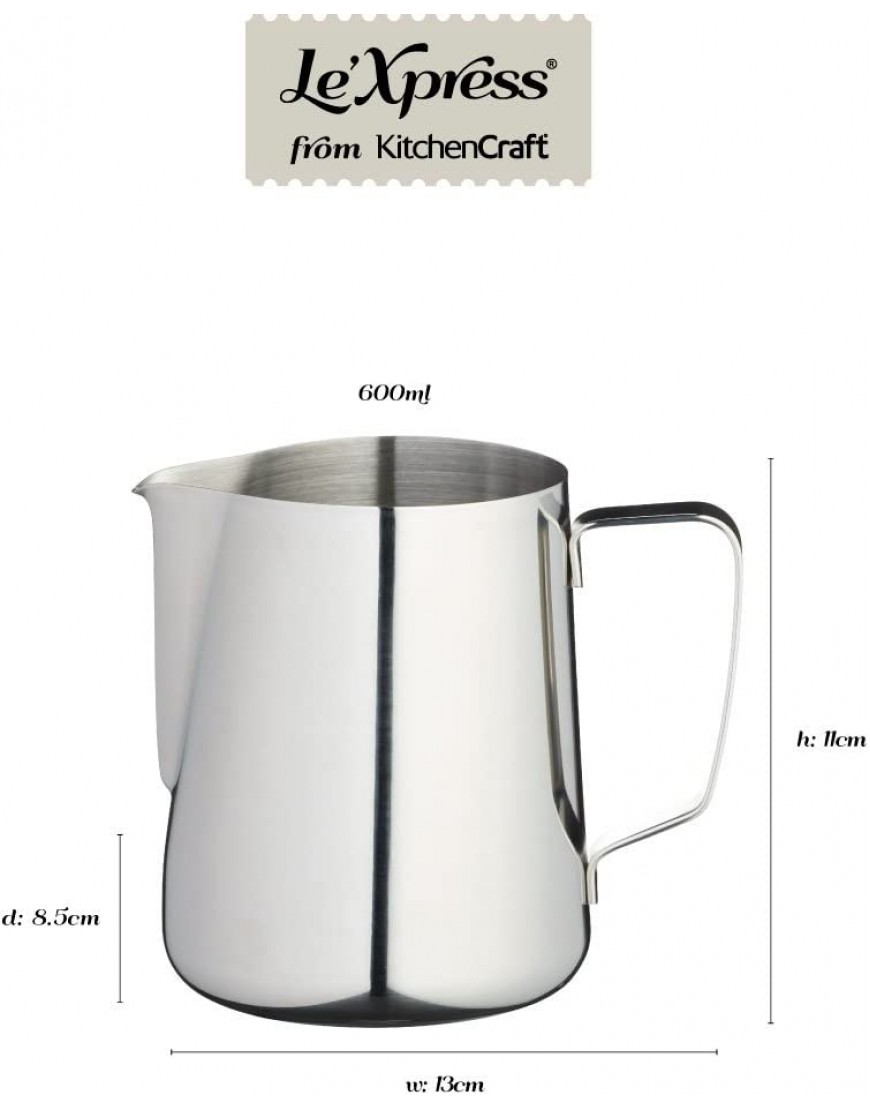 KitchenCraft Le'Xpress Medium Stainless Steel Milk Jug Frothing Jug 600 ml 21 fl oz - BBK77EDJD