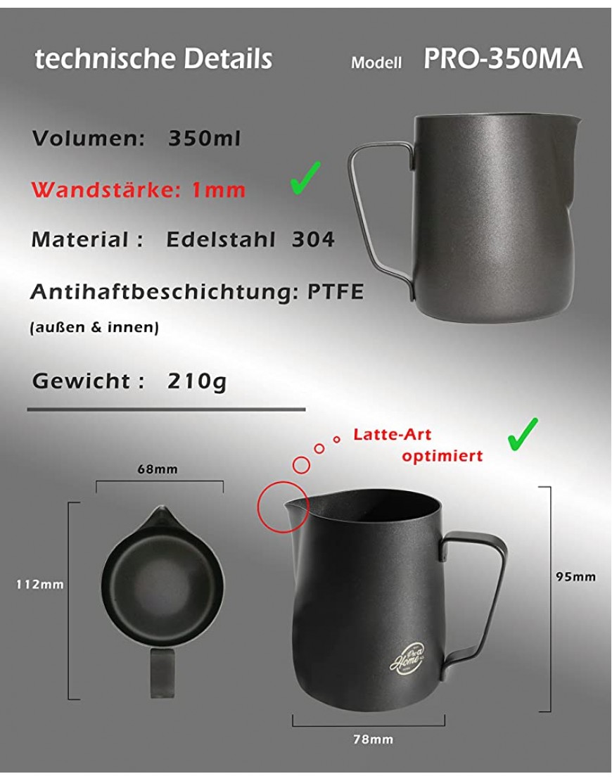 Pro@Home43 Barista Pot à lait en acier inoxydable avec stylo Latte-Art Anthracite noir 350 ml également 600 ml - BQN9JHSLG