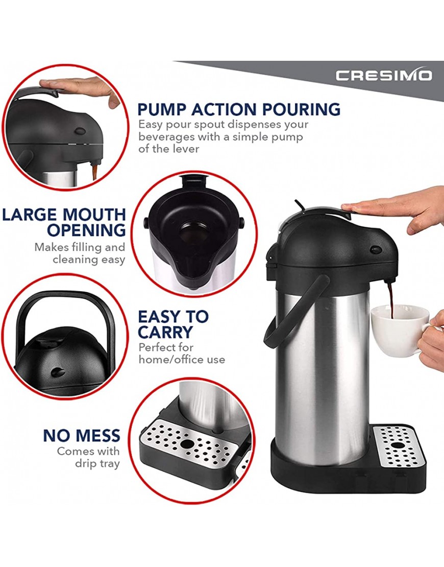 Cresimo Airpot Carafe à café isotherme avec bac d'égouttement et brosse de nettoyage en acier inoxydable 3 l - B35W1HKMS