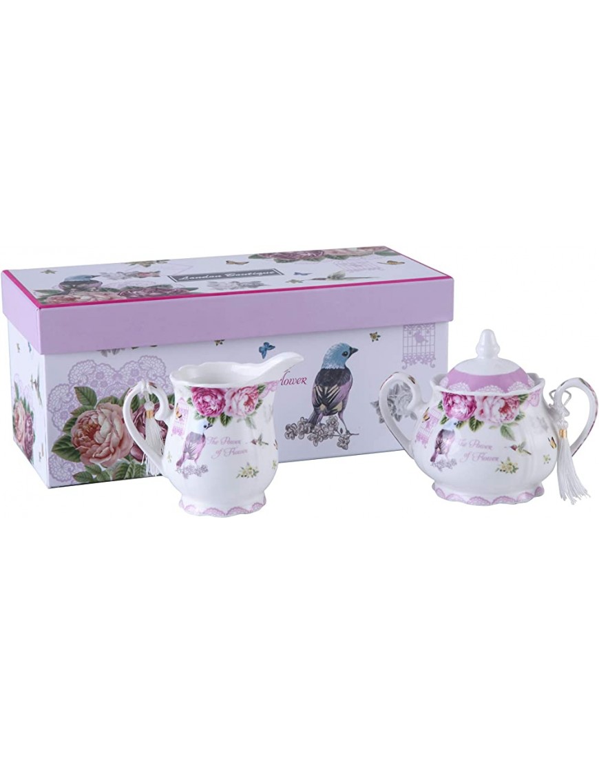 London Boutique Ensemble théière en porcelaine avec théière sucrier et pot à lait style shabby chic vintage floral dans une boîte cadeau crème et sucre avec oiseau rose papillon - B6KV9ZACM