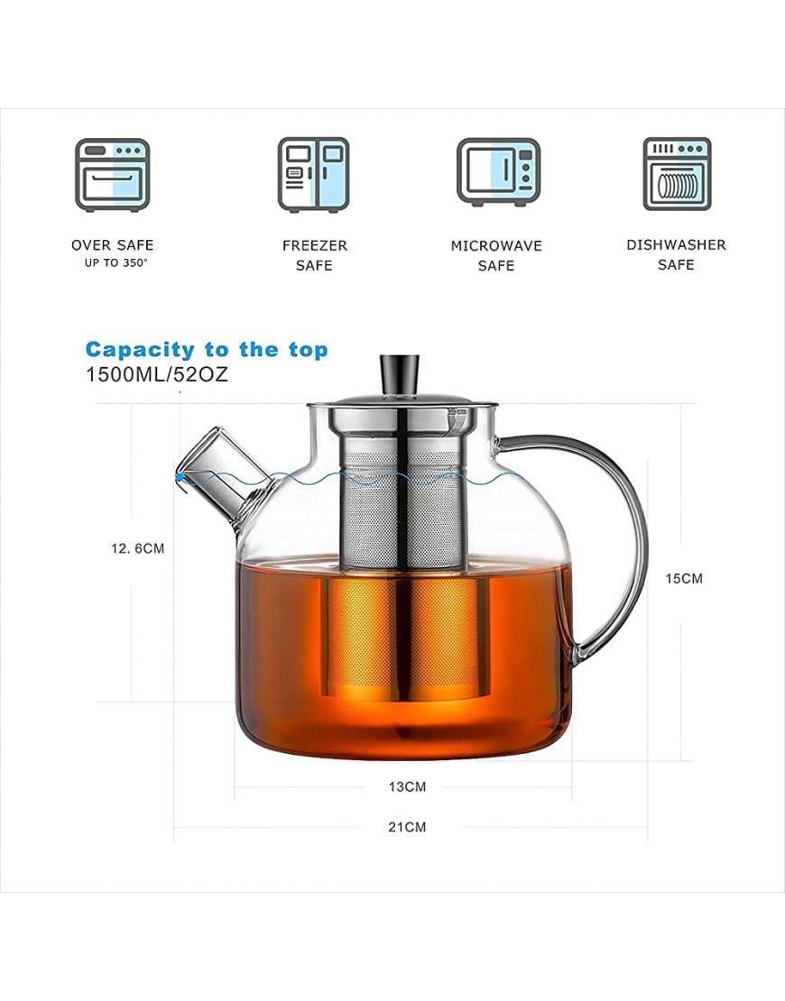 Théière en verre Ehugos bouilloire de thé sûre pour la cuisinière 1500 ml avec infuseur en verre à eau en verre borosilicaté Préparateur de théière pour thé à feuilles mobiles - B1B8KCILI