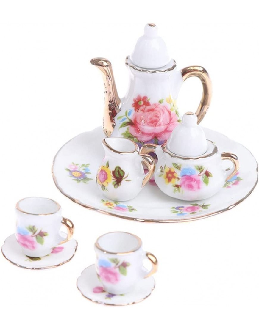 QWZYP 5 8pcs Set 1:12 Cuisine Fleur Motif Porcelaine Plateau de plateau Coupes Théière Dollhouse Miniture Miniture Mini Cute Tea Tea - B8Q9QFHHP