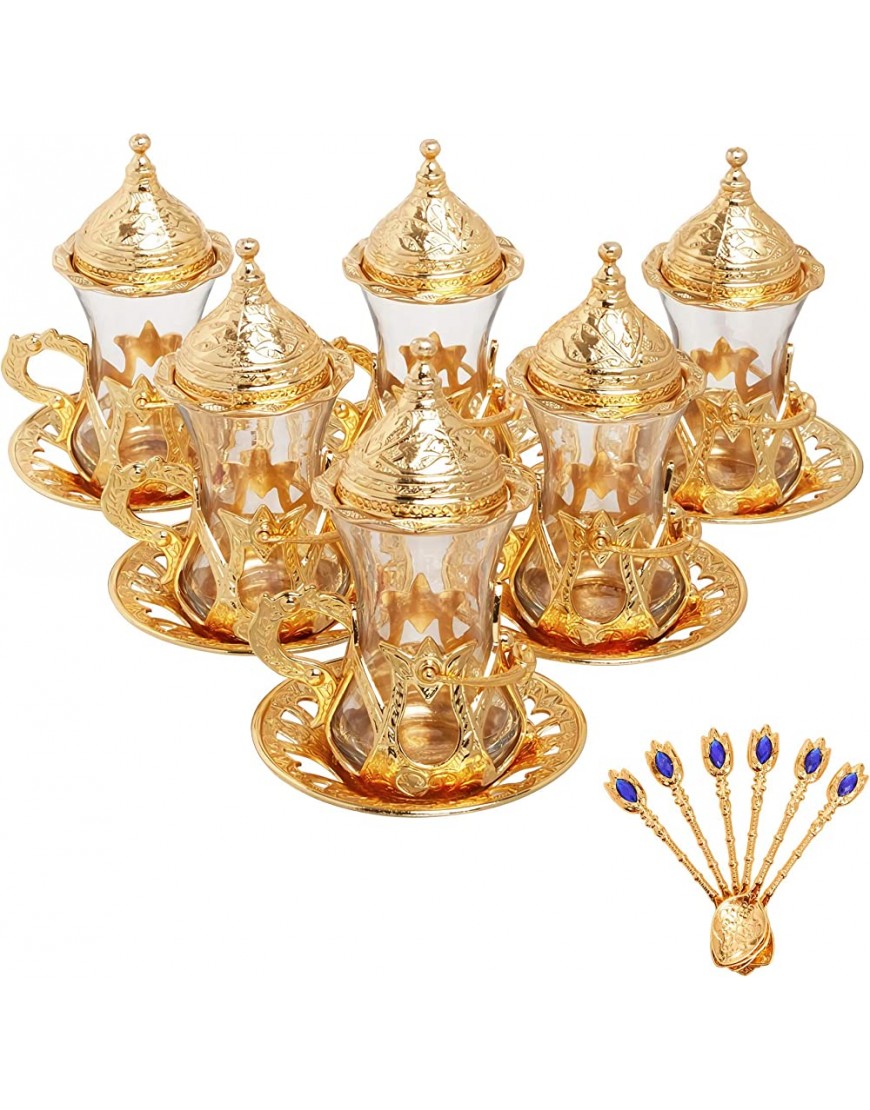 Alisveristime Lot de 6 verres à thé turc en zamzam Fait à la main Avec soucoupe et cuillère Doré - B79MKBDGL