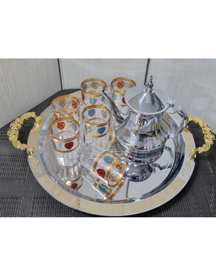 Ensemble de thé marocain complet avec filtre intégré 36oz + plateau avec poignées 46 cm + 6 verres en verre med - BNB3DBGCD