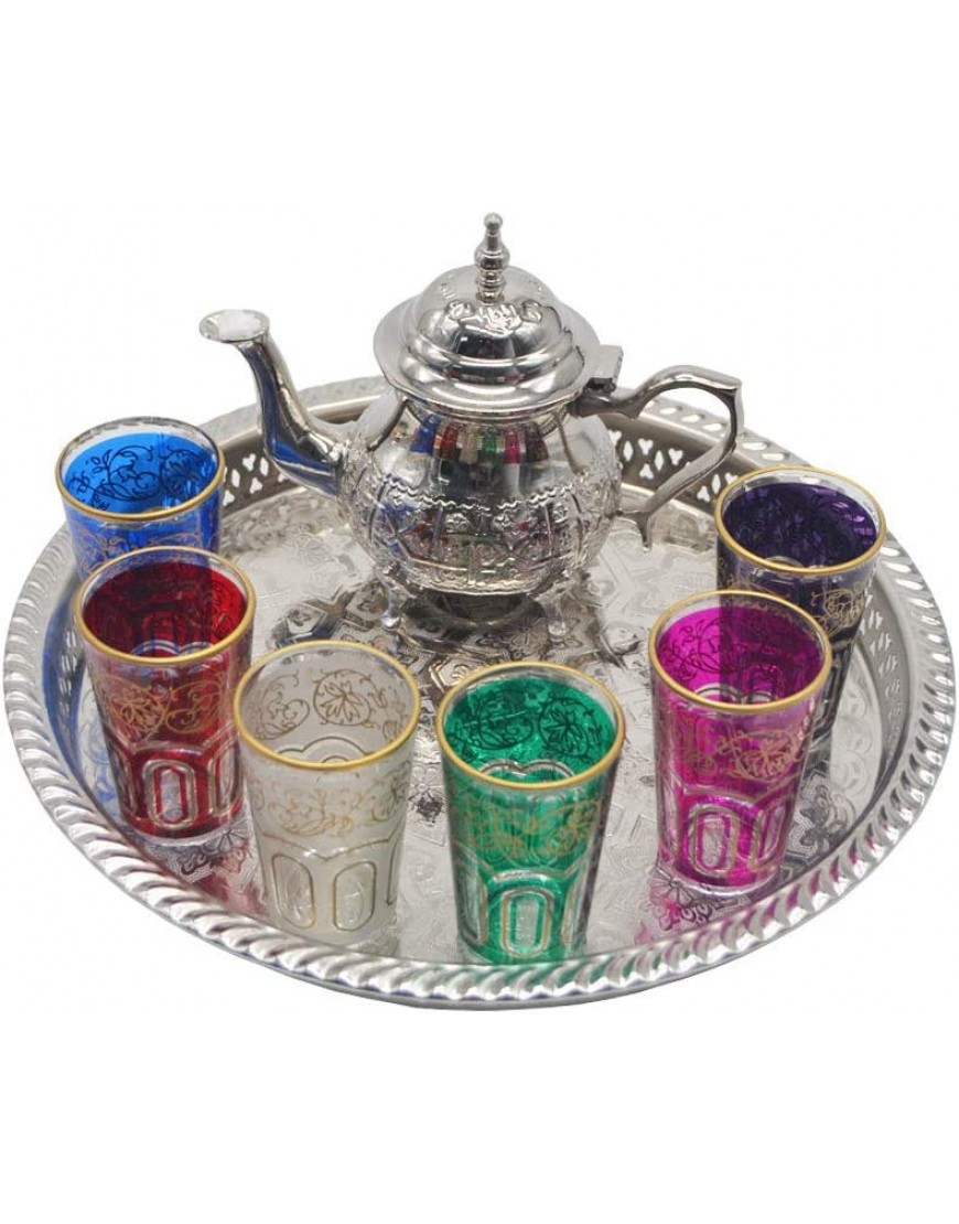 Ensemble de thé marocain complet théière avec pieds de 400 ml plateau avec pieds de 32 cm de diamètre et 6 verres de couleur - B6DB5JZND