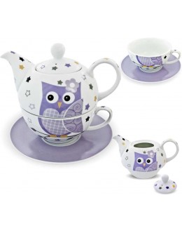 G. Wurm GmbH + Co. KG Service à thé en porcelaine pour une personne avec théière et tasse avec soucoupe avec motif de chouette mauve et blanc - BNENVMTBQ