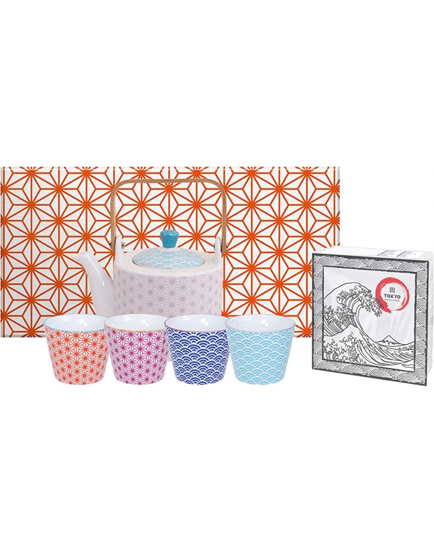 TOKYO design studio Star Wave Service à thé coloré 5 pièces 1x théière 0,8 l et 4X Tasses à thé 180 ML Porcelaine d'Asie Design Japonais boîte Cadeau Incluse - BDN45UMSD