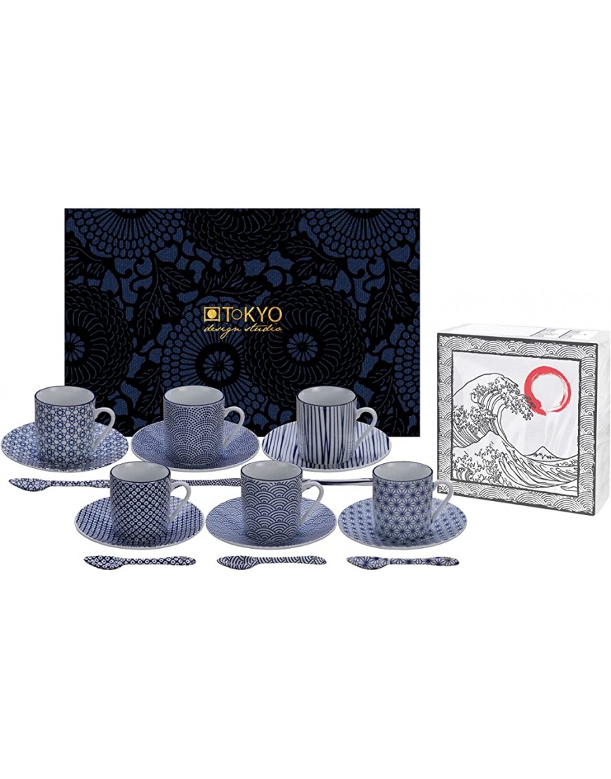 TOKYO design studio Nippon Blue Espresso Set Bleu-Blanc 18 pièces 6X Tasses à Expresso avec soucoupes et cuillères Porcelaine Asiatique Design Japonais INCL. boîte Cadeau - B2DKVQKKV