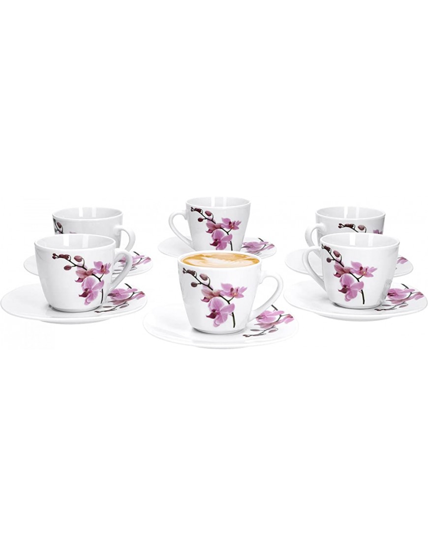 Van Well Lot de 6 2 pièces Ensemble tasse à café Kyoto avec petite tasse de 180 ml + soucoupe porcelaine noble vaisselle de café décoration florale orchidée rose-rouge rose - BK381QEEG