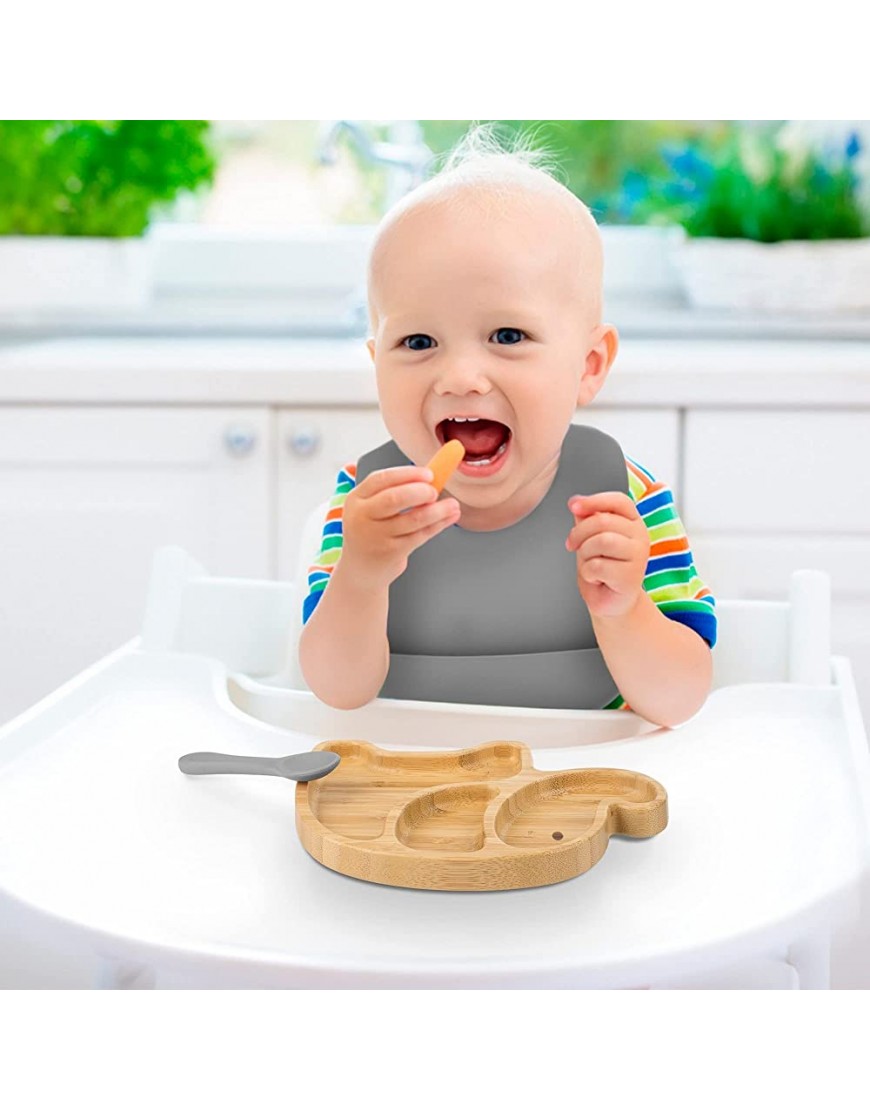 HappyDoo Assiette ventouse pour bébé Coffret repas bebe Bavoir et cuillère silicone – Assiette bebe bambou en forme d'éléphant – Vaisselle Bebe Gris - BWKK5KGVG