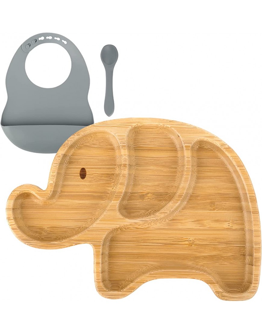 HappyDoo Assiette ventouse pour bébé Coffret repas bebe Bavoir et cuillère silicone – Assiette bebe bambou en forme d'éléphant – Vaisselle Bebe Gris - BWKK5KGVG