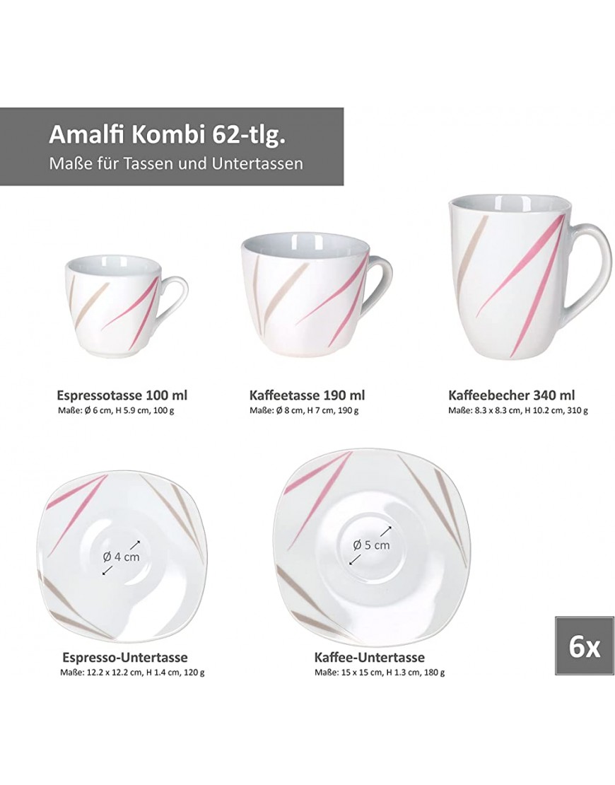 MamboCat Van Well I 62 pièces Amalfi Vaisselle combinée pour 6 personnes I Service de table + Service à café + accessoires I Motif lignes rose et gris I Porcelaine - B19KKFGGL