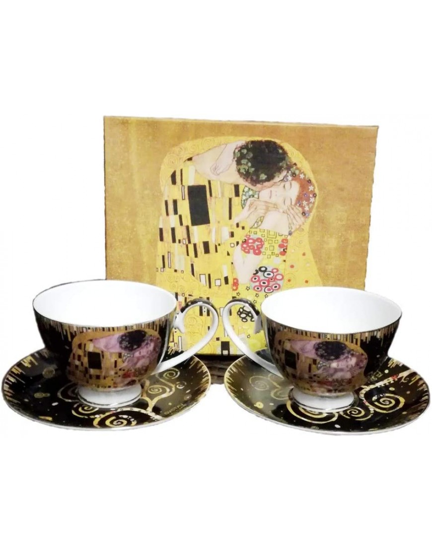 Atelier Harmony Gustav Klimt Set de 2 Tasses à café en Porcelaine Motif Baiser et Arbre de Vie Noir doré - B75HARCGR