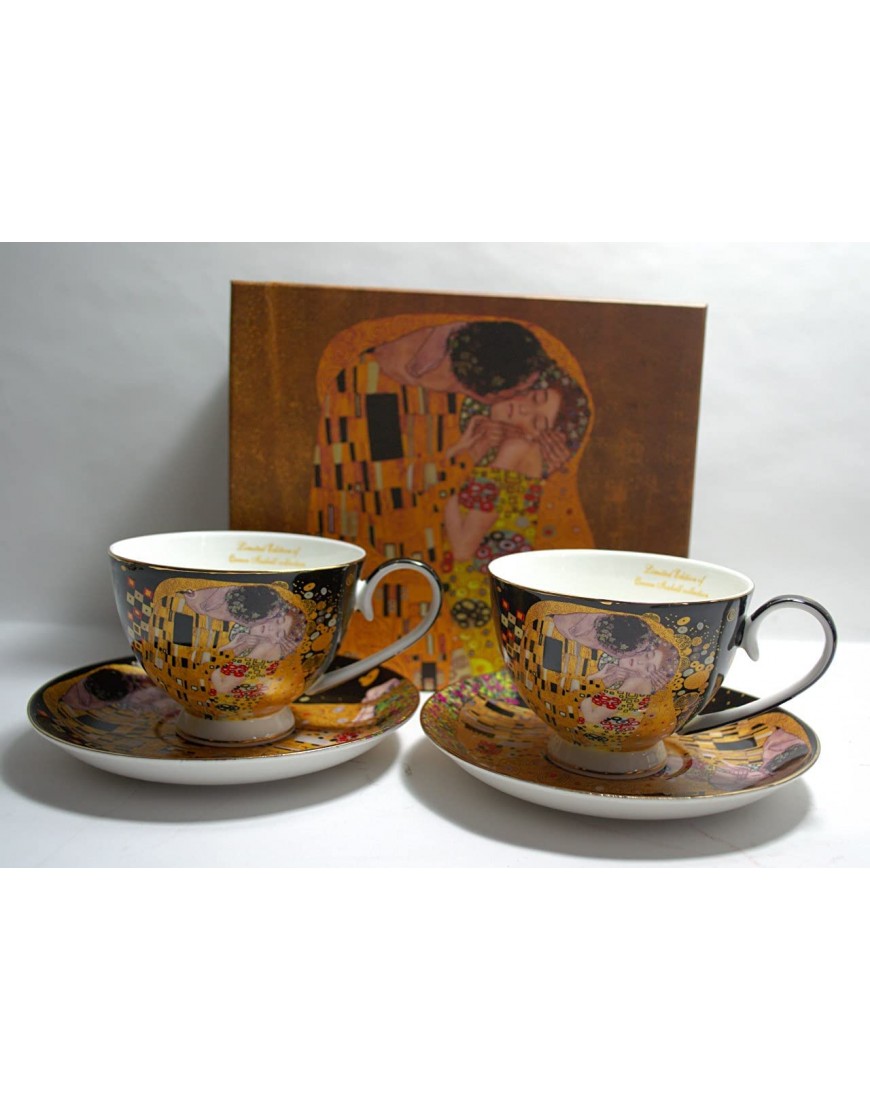 Atelier Harmony Gustav Klimt Set de à café en Porcelaine avec Coffret Cadeau Motif Le Baiser T2 Noir doré - B8D2KZSKH