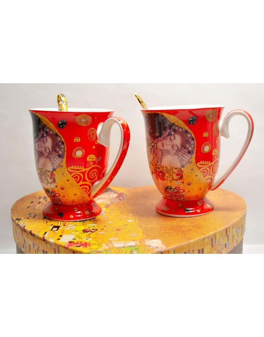 Gustav Klimt Classic Le Baiser Lot de 2 tasses à café et 2 cuillères Rouge Le Baiser avec boîte cadeau - BJNE6WUCO