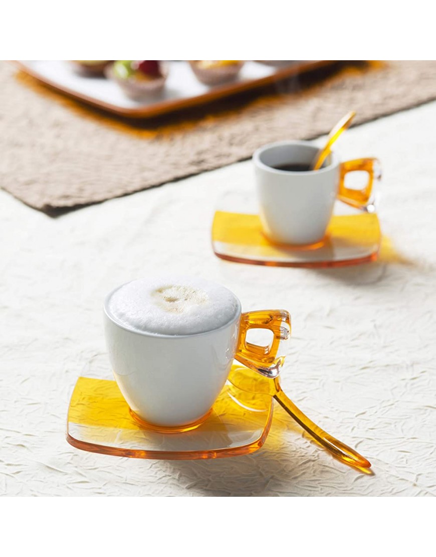 Omada Design Coffret de 6 tasses à café en porcelaine et acrylique 9 cl et 12 cm de diamètre avec soucoupe et cuillère à thé Ligne Square Jaune Transparent et Blanc - BQKAWIVMT