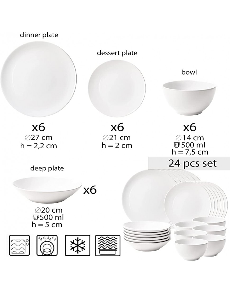 Cesiro Service de table 24 pièces. 6 assiettes à dîner assiettes à dessert assiettes creuses bols. Blanc brillant. Lave-vaisselle Cuisinière électrique micro-ondes congélateur - BKE66IIZH