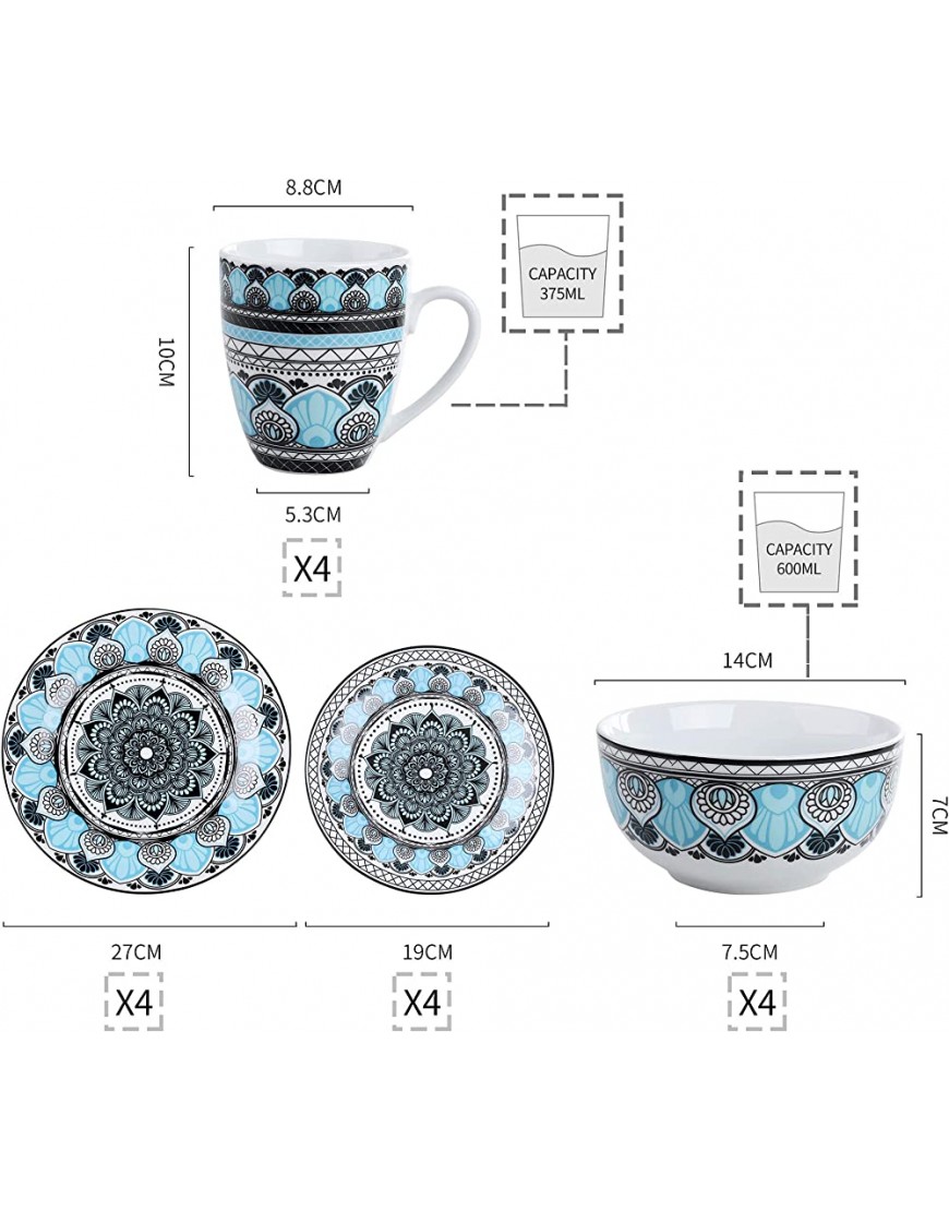 VEWEET série Audrie Service de Table Complet en Porcelaine 16 pièces pour 4 Personnes Vaisselle de Table avec Assiette，Bol，Tasse Style Marocain - B3887NJLT