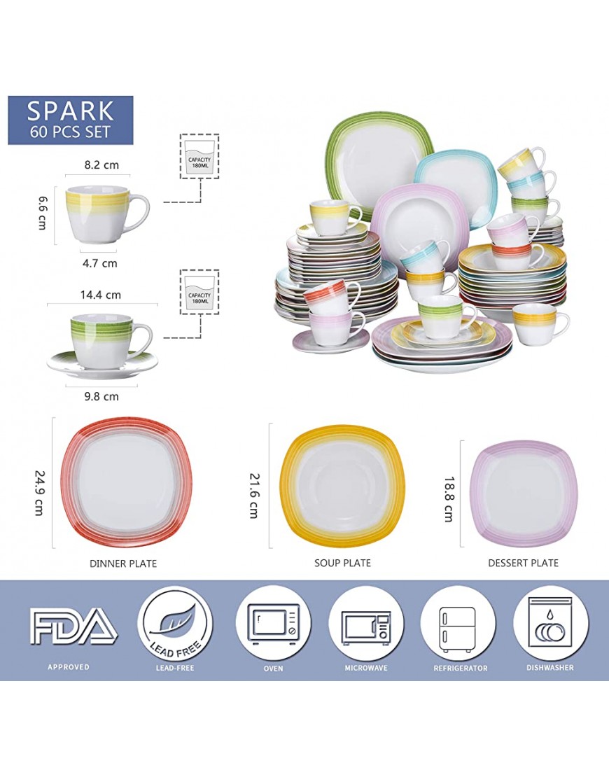 VEWEET Série Spark Service Complet 60 Pièces pour 12 Personnes Assiette Vaiselle en Porcelaine Style Nature - B12E8IKNZ