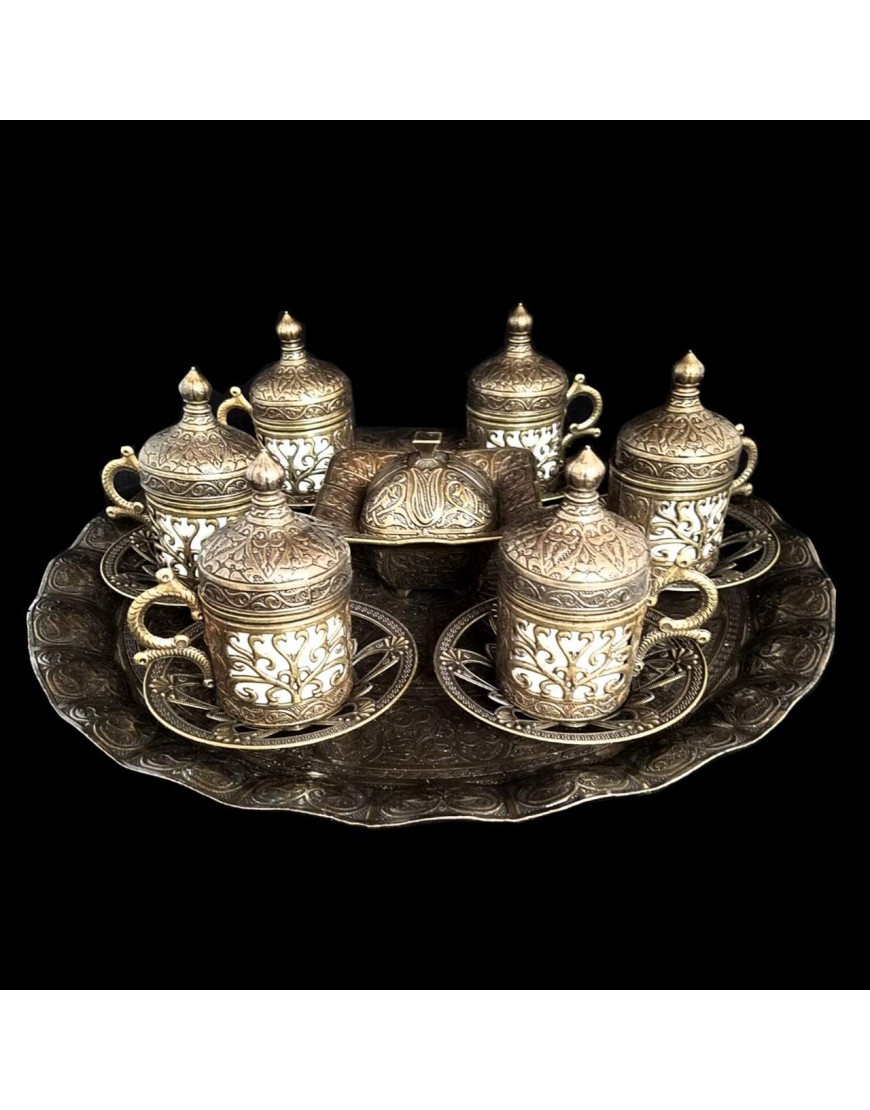 World Home Living – Service à thé et café style ottoman turque avec tasses soucoupes et plateau en laiton bronze - B5M73BSND
