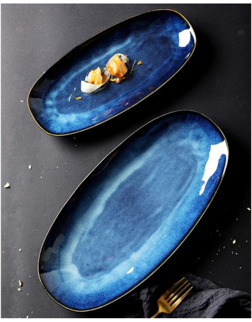 Cabilock Plat de Service Ovale en céramique pour la Cuisine pour la Turquie Viande Poisson entrée Dessert Sushi Bleu Taille L - BD6M2SGKA