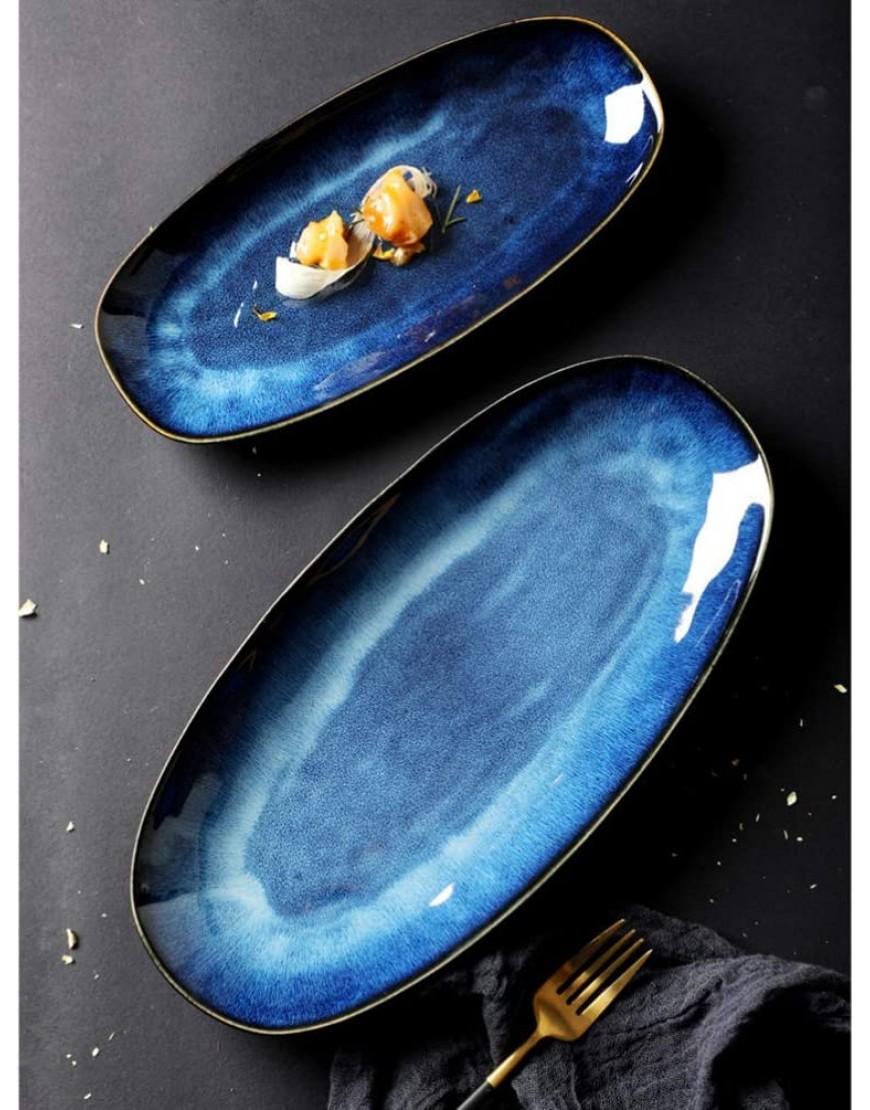Cabilock Plat de Service Ovale en céramique pour la Cuisine pour la Turquie Viande Poisson entrée Dessert Sushi Bleu Taille L - BD6M2SGKA