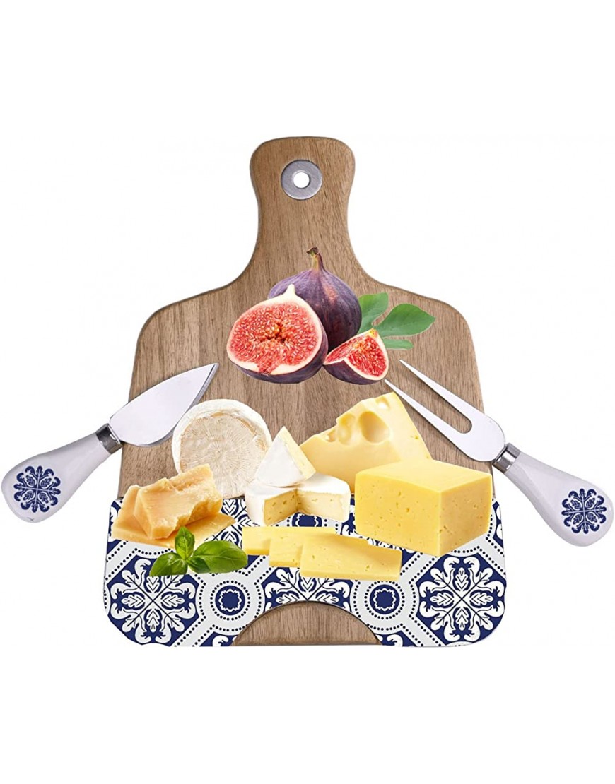 Lot de 2 planches à fromage en acacia Plateau à fromage en céramique 2 couteaux à fromage de service Style livre Charcuterie en bois Cadeau de pendaison de crémaillère - B5EJ8SHLK