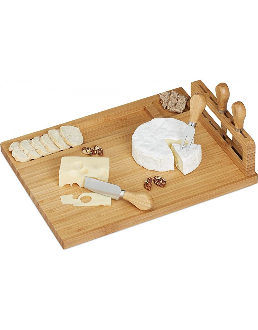 Relaxdays Planche à fromage bambou plateau couverts à fromage couteau pate molle pate dure fourchette pelle nature - BKVV1KDME