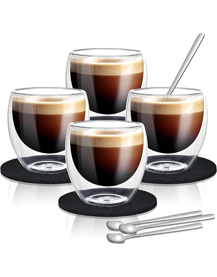 Cieex Tasse Double Paroi Expresso Set 4pcs Tasse à Café de 80ML Verre Espresso avec Cuillères à Expresso et Dessous de Verre en Feutre - B3DDMVAWY