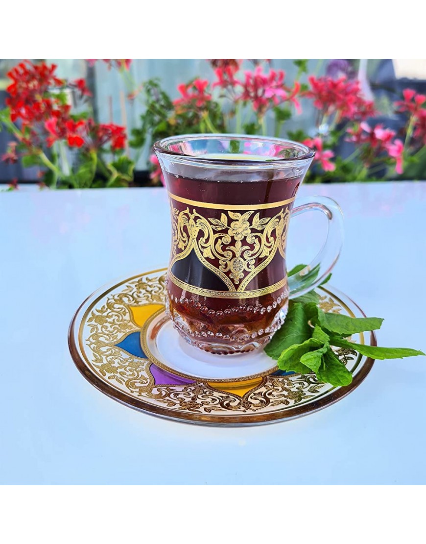 MY SOUK UG Verres à thé turcs arabes et soucoupes style Marrakech Lot de 12 verres à thé faits à la main 6 belles soucoupes 6 verres à thé turcs - BQEHBBHCT