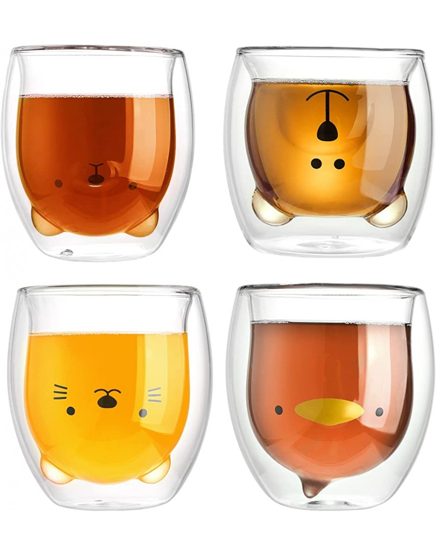 QYLJZB Lot de 4 tasses à café en verre à double paroi motif animal de dessin animé mignon en verre isolé tasse à expresso tasse à thé tasse à lait tasse cadeau d'anniversaire - BQ39KUWBS